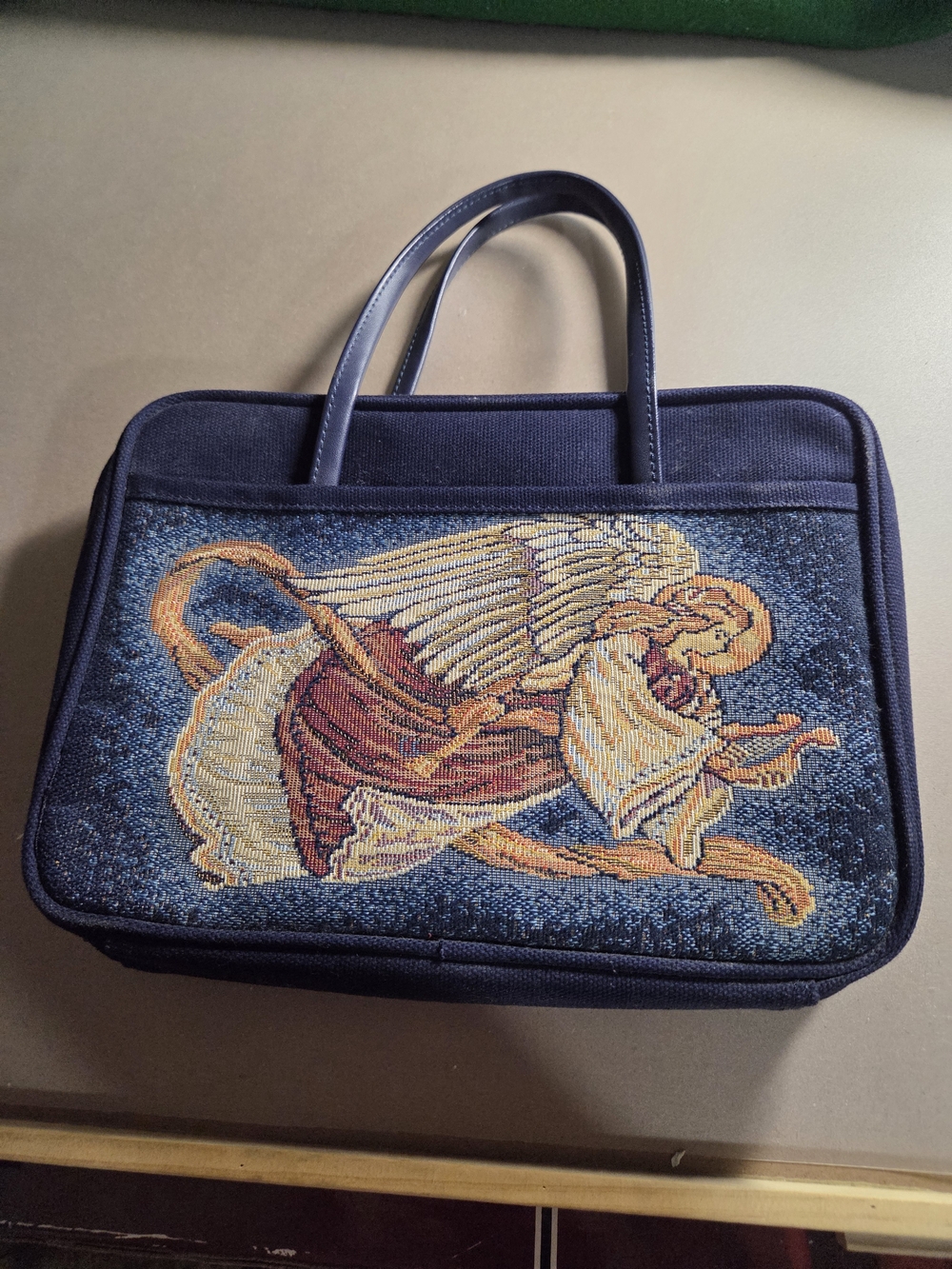 Navy Tapestry Angel Motif Tote Bag